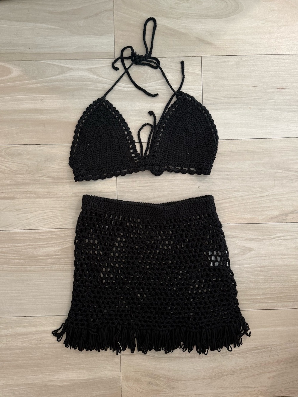White Fox Black Crochet Bikini Top and Fringe Skirt Set